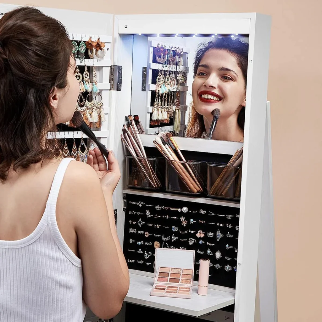 Miroir pivotant à 360° avec porte-bijoux et éclairage LED intégré