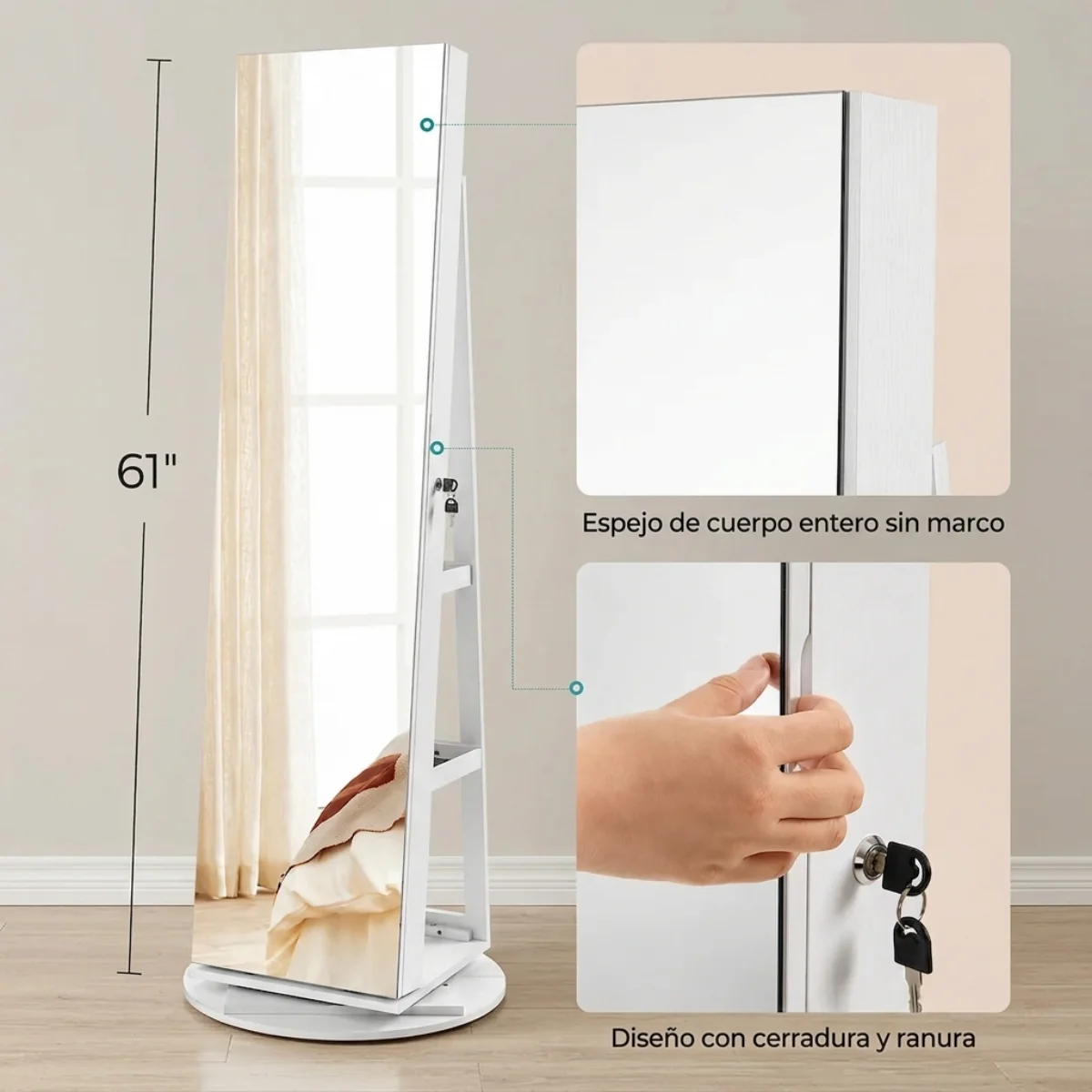 Miroir pivotant à 360° avec porte-bijoux et éclairage LED intégré